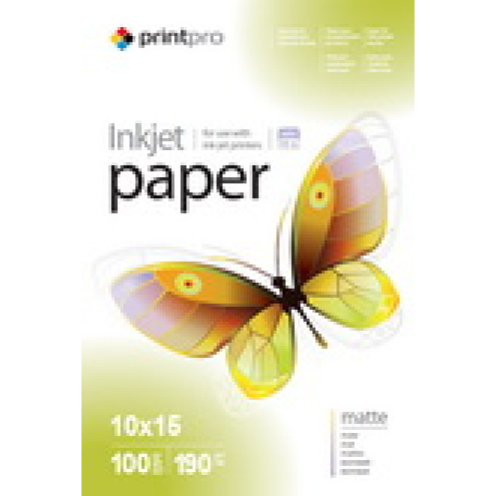 Фотопапір PrintPro матовий 190г/м, 10x15, 100л PM190-100
