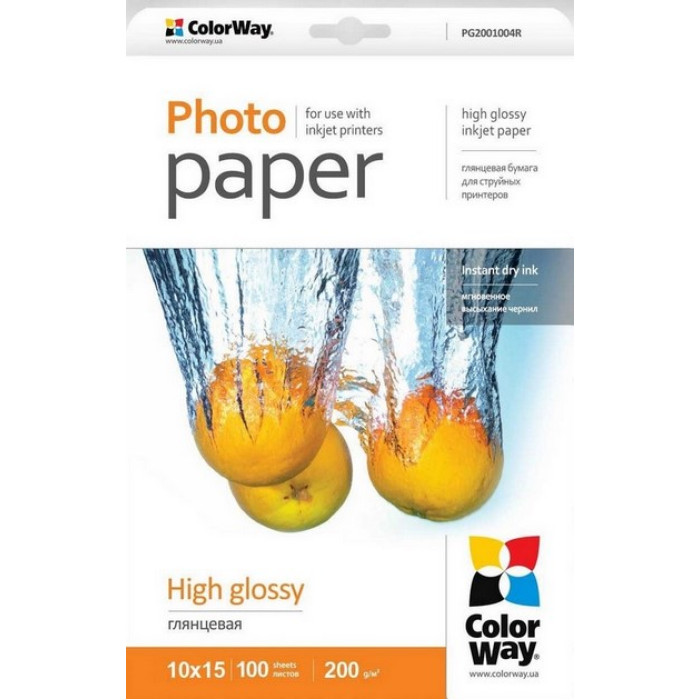 Фотобумага ColorWay глянцевая 10х15 200г/м, 100л карт, упак